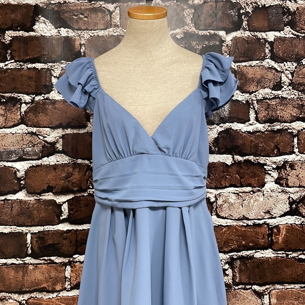 Mint Choco Blue Ruffle Sleeve V-Neck Mini Dress NWT Open Back Size Large L - Picture 7 of 17
